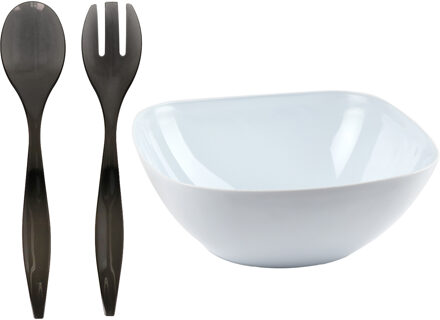 Salade/fruit diepe serveerschaal - wit - kunststof - D28 X H11 cm - met sla couvert/bestek - grijs