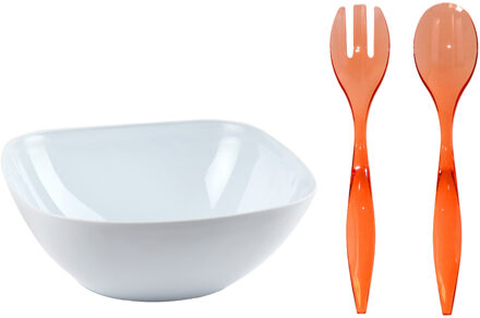 Salade/fruit diepe serveerschaal - wit - kunststof - D28 X H11 cm - met sla couvert/bestek - rood