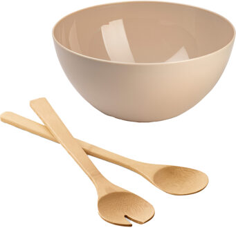 Salade/fruit serveer schaal - beige - kunststof - Dia 28 cm - incl. bamboe Sla couvert/bestek