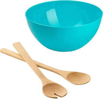 Salade/fruit serveer schaal - blauw - kunststof - Dia 28 cm - incl. bamboe Sla couvert/bestek