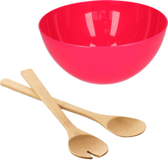 Salade/fruit serveer schaal - fuchsia - kunststof - Dia 28 cm - incl. bamboe Sla couvert/bestek