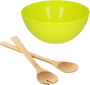 Salade/fruit serveer schaal - groen - kunststof - Dia 28 cm - incl. bamboe Sla couvert/bestek