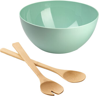 Salade/fruit serveer schaal - mint - kunststof - Dia 28 cm - incl. bamboe Sla couvert/bestek