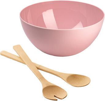 Salade/fruit serveer schaal - roze - kunststof - Dia 28 cm - incl. bamboe Sla couvert/bestek