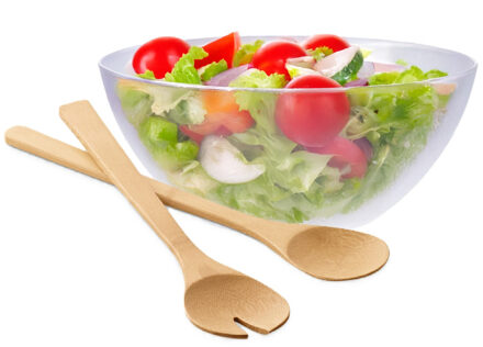 Salade/fruit serveer schaal - transparant - kunststof - Dia 27 cm - incl. bamboe Sla couvert/bestek
