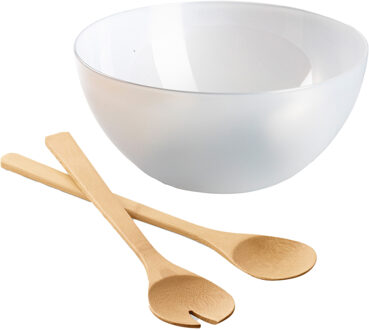 Salade/fruit serveer schaal - transparant - kunststof - Dia 28 cm - incl. bamboe Sla couvert/bestek