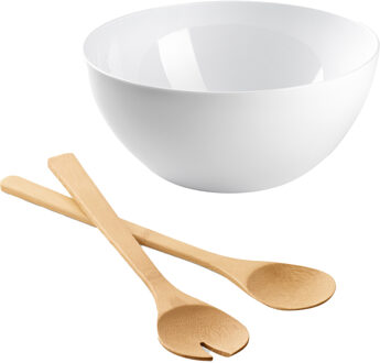 Salade/fruit serveer schaal - wit - kunststof - Dia 28 cm - incl. bamboe Sla couvert/bestek