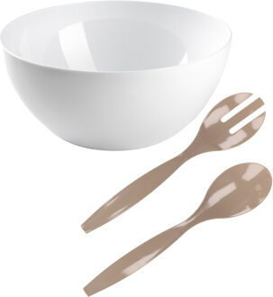 Salade/fruit serveer schaal - wit - kunststof - Dia 28 cm - met beige sla couvert/bestek
