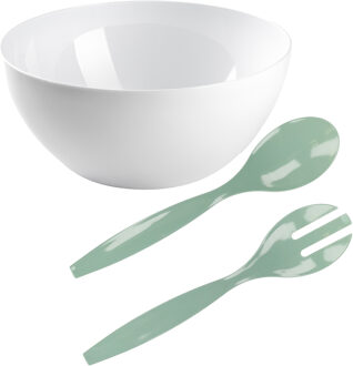 Salade/fruit serveer schaal - wit - kunststof - Dia 28 cm - met groen sla couvert/bestek