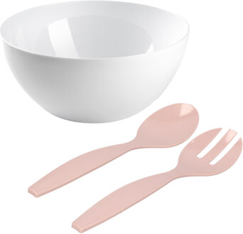 Salade/fruit serveer schaal - wit - kunststof - Dia 28 cm - met roze sla couvert/bestek