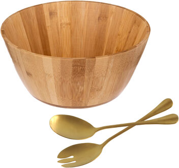 Salade schaal met sla couvert - bamboe hout - lichtbruin - serveerschaal - D28 x H12 cm