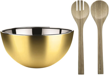Salade schaal met sla couvert - RVS/bamboe - goud - serveerschaal - D23 x H11 cm