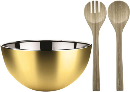 Salade schaal met sla couvert - RVS/bamboe - goud - serveerschaal - D29 x H14 cm