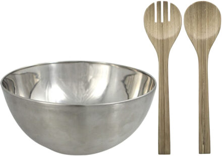 Salade schaal met sla couvert - RVS/bamboe - mat zilver - serveerschaal - D29 x H14 cm