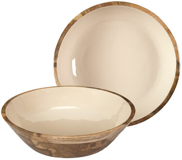 Salade serveer schaal - 2x - Fruitschaal/fruitmand - mango hout - D28 x H7 cm - bruin/beige