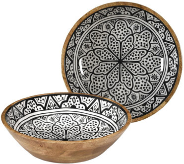 Salade serveer schaal - 2x - Fruitschaal/fruitmand - mango hout - D28 x H7 cm - bruin/print