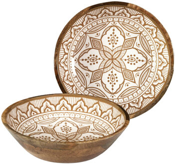 Salade serveer schaal - 2x - Fruitschaal/fruitmand - mango hout - D28 x H7 cm - bruin/print