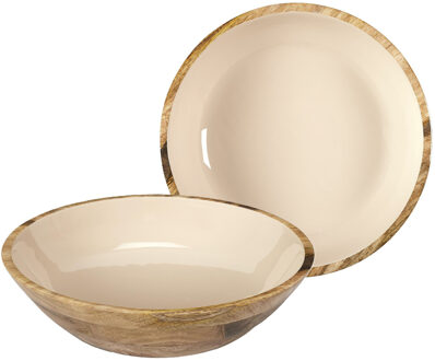 Salade serveer schaal - 2x - Fruitschaal/fruitmand - mango hout - D33 x H8 cm - bruin/beige