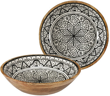 Salade serveer schaal - 2x - Fruitschaal/fruitmand - mango hout - D33 x H8 cm - bruin/print