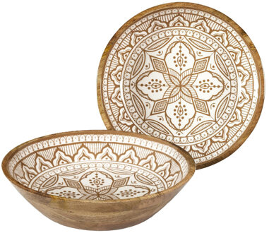 Salade serveer schaal - 2x - Fruitschaal/fruitmand - mango hout - D33 x H8 cm - bruin/print