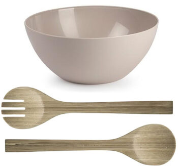 Salade serveer schaal - beige - kunststof - Dia 25 cm - incl. bamboe Sla couvert/bestek