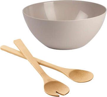 Salade serveer schaal - beige - kunststof - Dia 25 cm - incl. bamboe Sla couvert/bestek