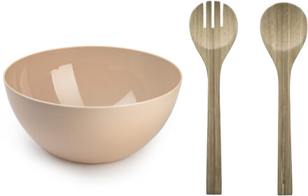 Salade serveer schaal - beige - kunststof - Dia 28 cm - incl. bamboe Sla couvert/bestek - Serveerschalen