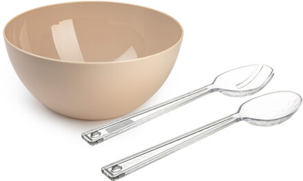 Salade serveer schaal - beige - kunststof - Dia 28 cm - met sla couvert/bestek