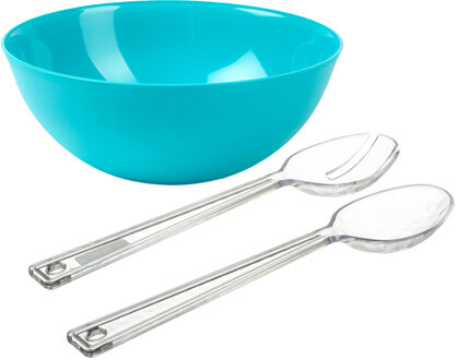 Salade serveer schaal - blauw - kunststof - Dia 25 cm - met sla couvert/bestek