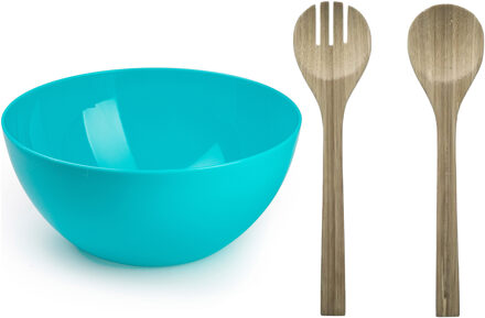 Salade serveer schaal - blauw - kunststof - Dia 28 cm - incl. bamboe Sla couvert/bestek