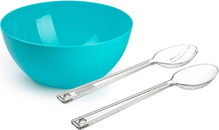 Salade serveer schaal - blauw - kunststof - Dia 28 cm - met sla couvert/bestek