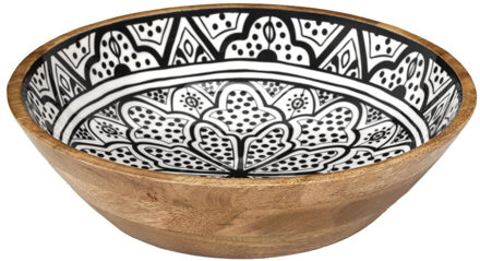Salade serveer schaal - Fruitschaal/fruitmand - mango hout - D28 x H7 cm - bruin/print
