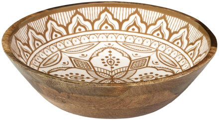 Salade serveer schaal - Fruitschaal/fruitmand - mango hout - D28 x H7 cm - bruin/print