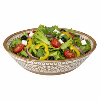 Salade serveer schaal - Fruitschaal/fruitmand - mango hout - D33 x H8 cm - bruin/print