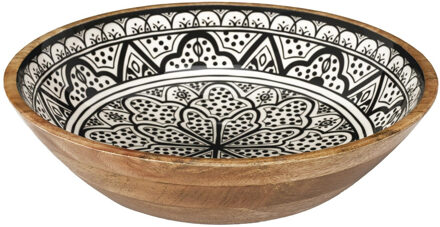 Salade serveer schaal - Fruitschaal/fruitmand - mango hout - D33 x H8 cm - bruin/print