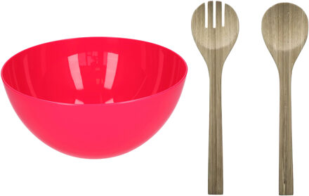 Salade serveer schaal - fuchsia roze - kunststof - Dia 28 cm - incl. bamboe Sla couvert/bestek