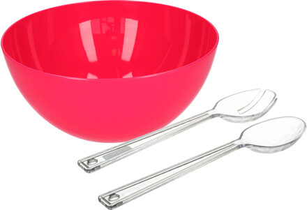 Salade serveer schaal - fuchsia roze - kunststof - Dia 28 cm - met sla couvert/bestek