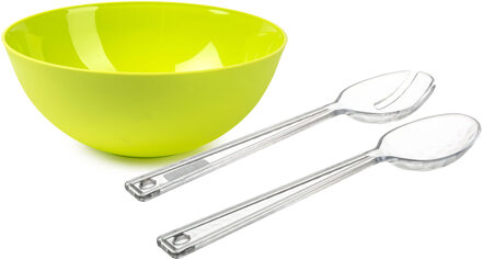 Salade serveer schaal - groen - kunststof - Dia 25 cm - met sla couvert/bestek