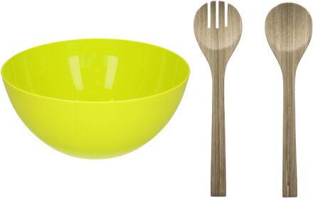 Salade serveer schaal - groen - kunststof - Dia 28 cm - incl. bamboe Sla couvert/bestek