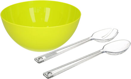 Salade serveer schaal - groen - kunststof - Dia 28 cm - met sla couvert/bestek