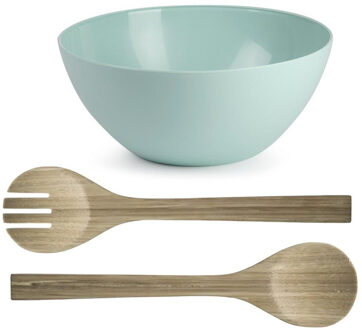 Salade serveer schaal - mintgroen - kunststof - Dia 25 cm - incl. bamboe Sla couvert/bestek