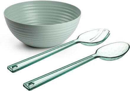 Salade serveer schaal - mintgroen - kunststof - Dia 25 cm - inclusief sla couvert/bestek - Serveerschalen
