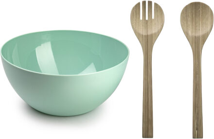 Salade serveer schaal - mintgroen - kunststof - Dia 28 cm - incl. bamboe Sla couvert/bestek