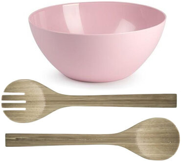 Salade serveer schaal - roze - kunststof - Dia 25 cm - incl. bamboe Sla couvert/bestek