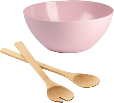Salade serveer schaal - roze - kunststof - Dia 25 cm - incl. bamboe Sla couvert/bestek