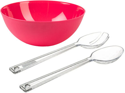 Salade serveer schaal - roze - kunststof - Dia 25 cm - met sla couvert/bestek