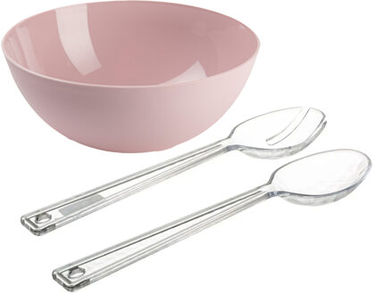 Salade serveer schaal - roze - kunststof - Dia 25 cm - met sla couvert/bestek