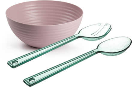 Salade serveer schaal - roze - kunststof - Dia 25 cm - met sla couvert/bestek