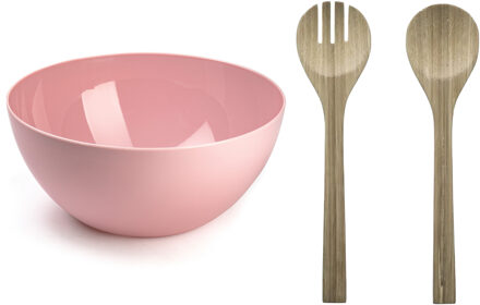 Salade serveer schaal - roze - kunststof - Dia 28 cm - incl. bamboe Sla couvert/bestek - Serveerschalen