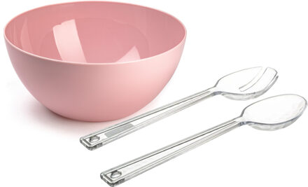 Salade serveer schaal - roze - kunststof - Dia 28 cm - met sla couvert/bestek